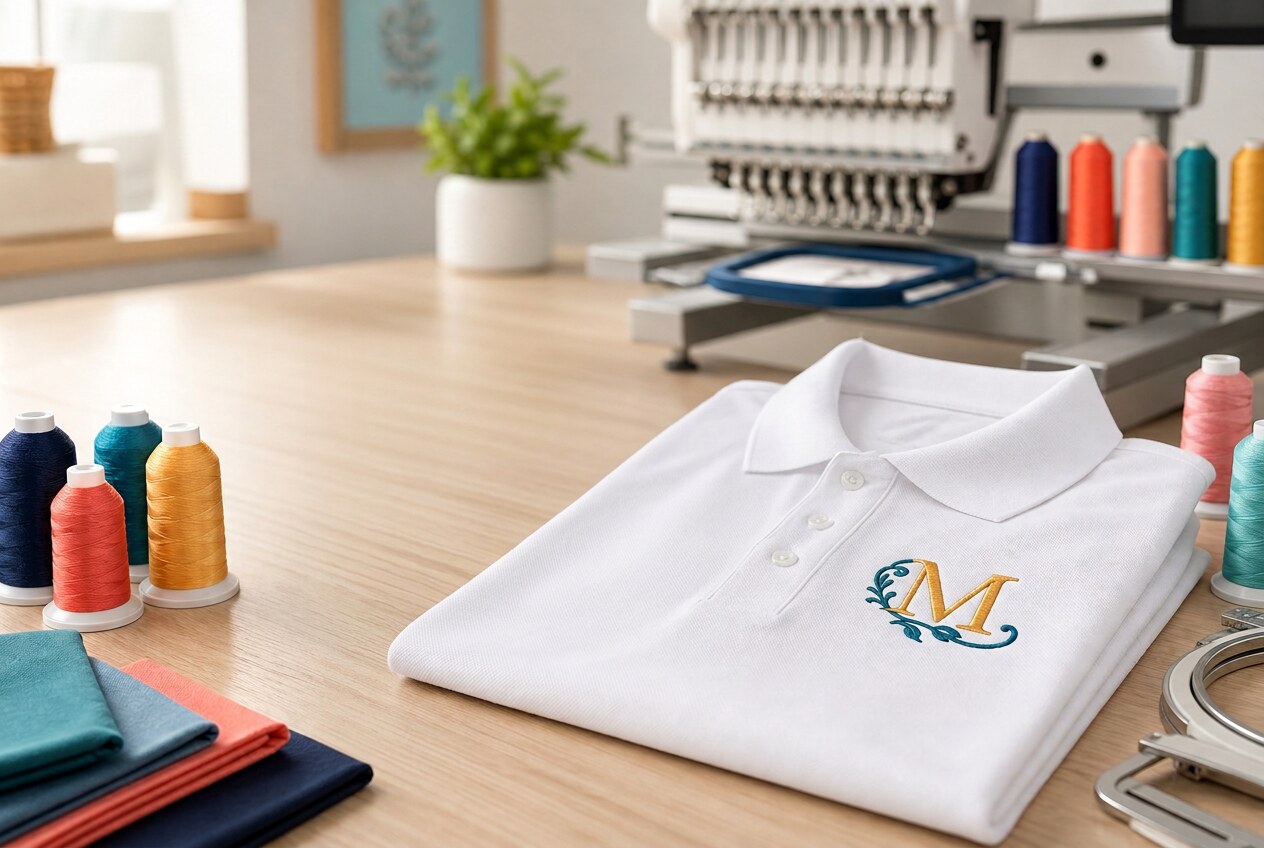 Embroidered white polo shirt with thread cones and an embroidery machine