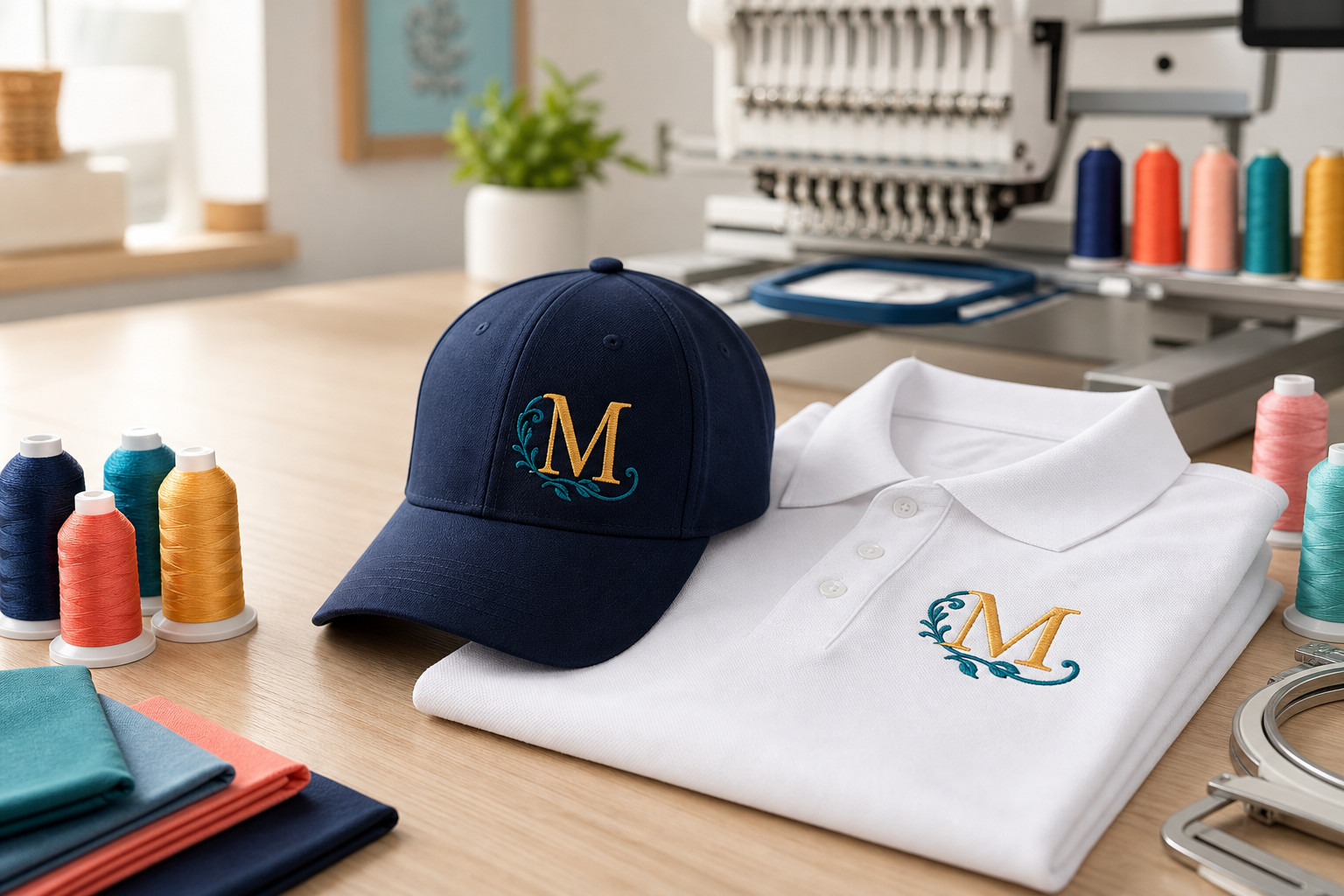 Embroidered cap, polo shirt, thread cones, and embroidery tools