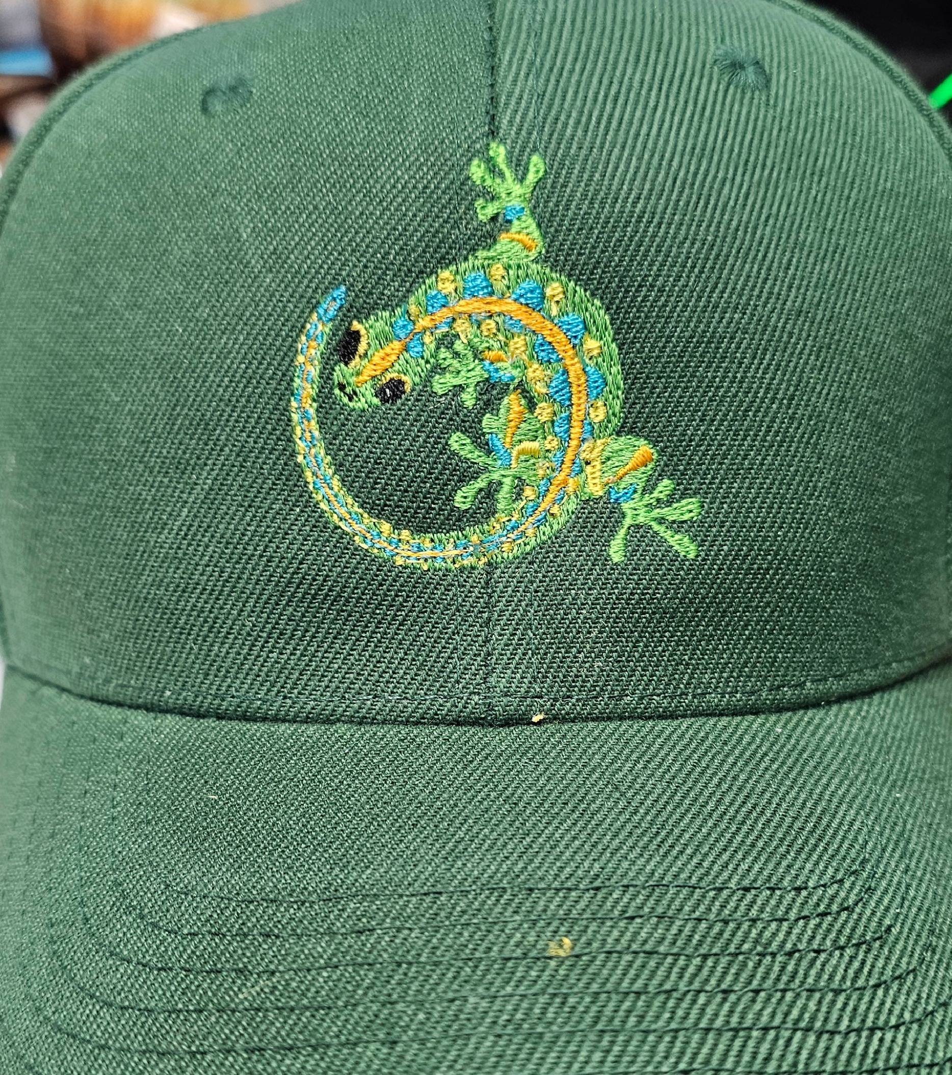 Green hat with lizard embroidery
