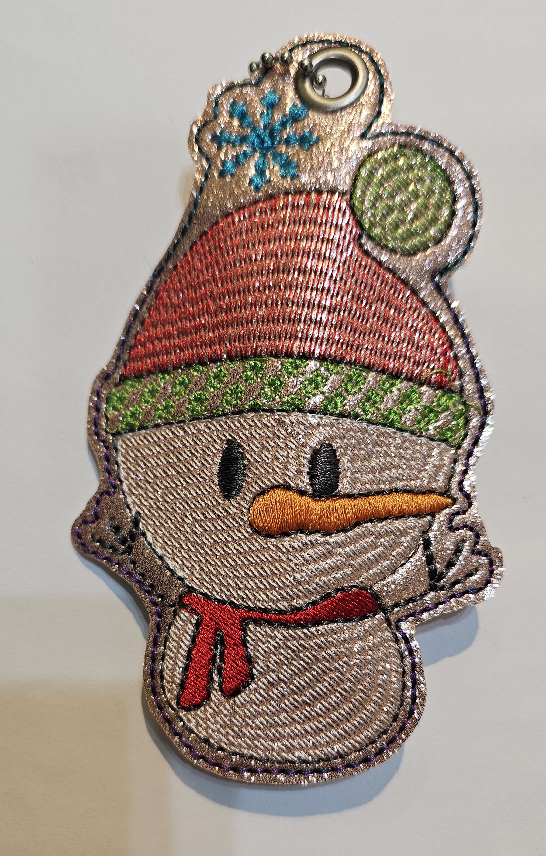 Embroidered snowman lip balm holder with a red stocking cap, green pom-pom, and red scarf
